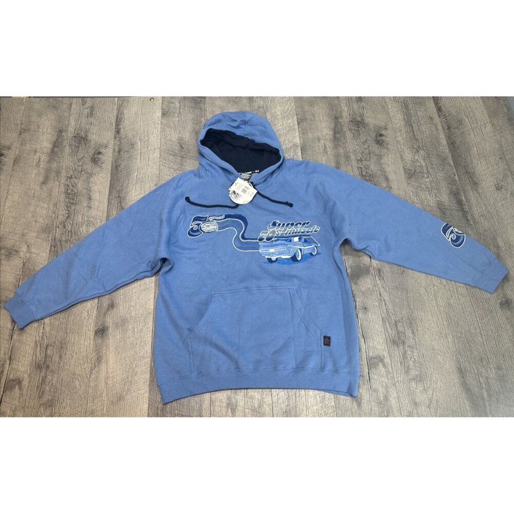 Vintage JNCO Style Hoodie Mens Medium Blue Muscle Car Sweatshirt Top Heavy NEW